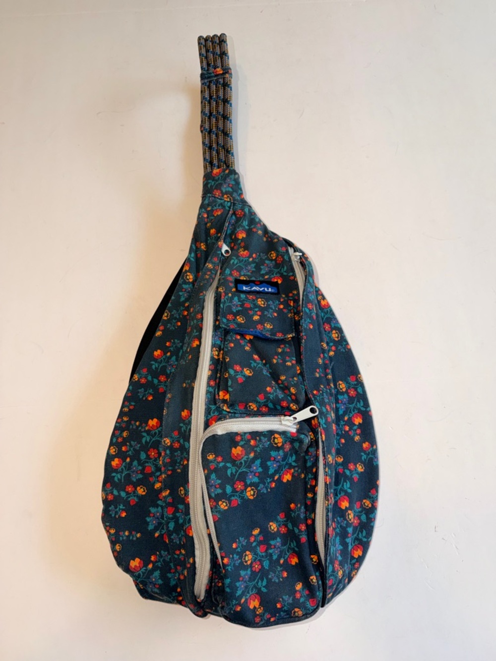 KAVU Rope Bag Sling Backpack Dark Teal Poppy Flower Canvas Adjustable Strap